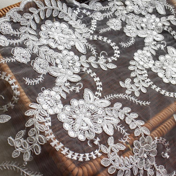 White Embroidered Bridal Lace Fabric - Corded Wedding Gown Lace by Yard