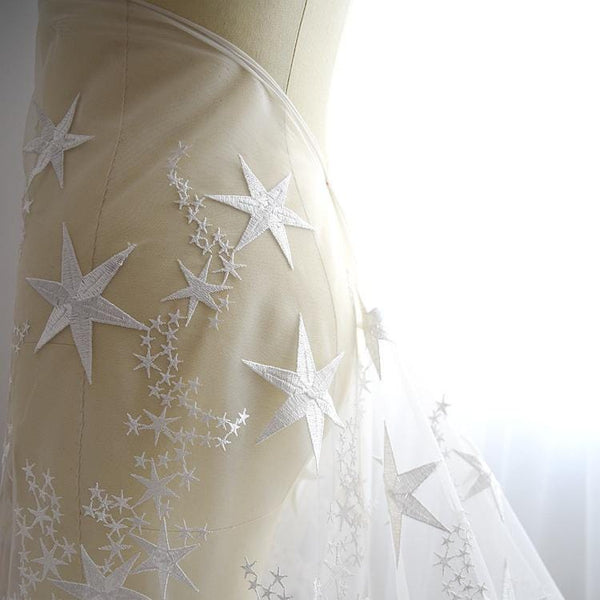 White Star Embroidered Bridal Lace Fabric - Wedding Gown Lace by Yard