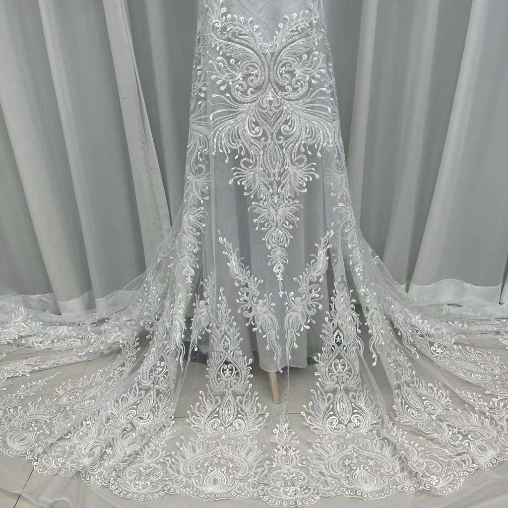 White Embroidered Bridal Lace Fabric - Corded Wedding Gown Lace