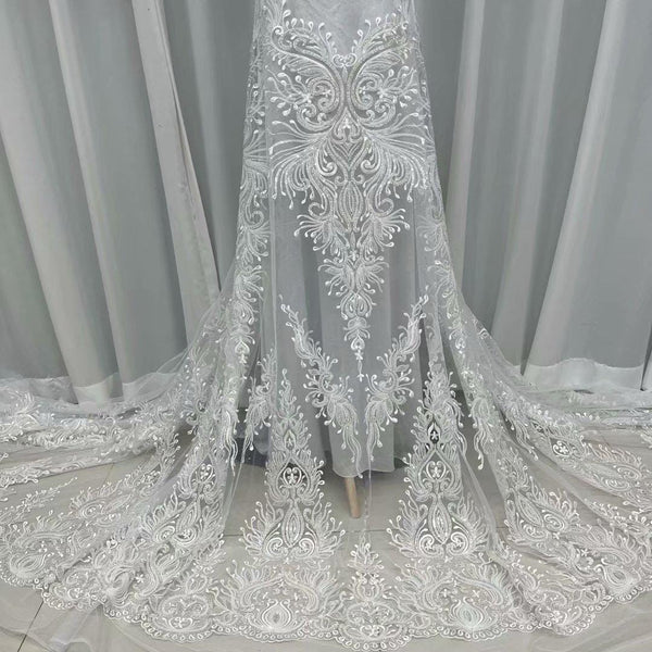 White Embroidered Bridal Lace Fabric - Corded Wedding Gown Lace