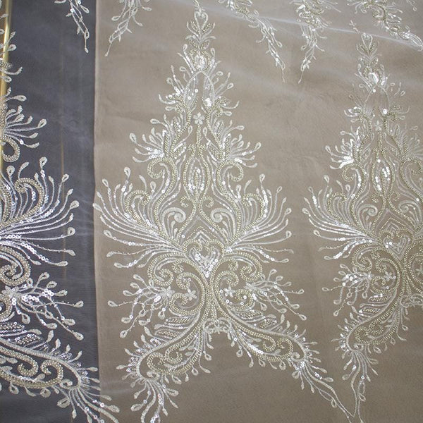 White Embroidered Bridal Lace Fabric - Corded Wedding Gown Lace