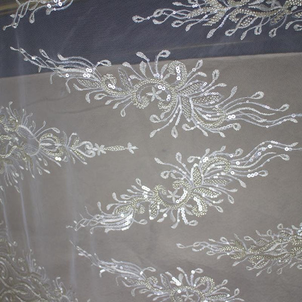 White Embroidered Bridal Lace Fabric - Corded Wedding Gown Lace