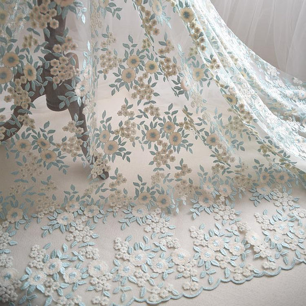 White Embroidered Floral Lace Fabric - Bridal Gown Lace By The Yard