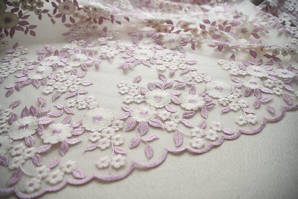 White Embroidered Floral Lace Fabric - Bridal Gown Lace By The Yard