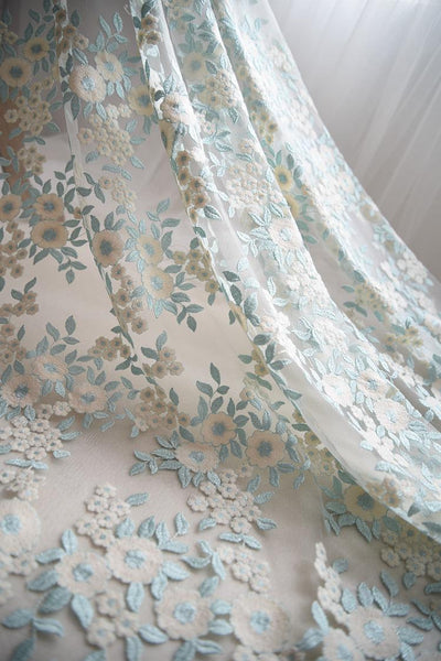 White Embroidered Floral Lace Fabric - Bridal Gown Lace By The Yard