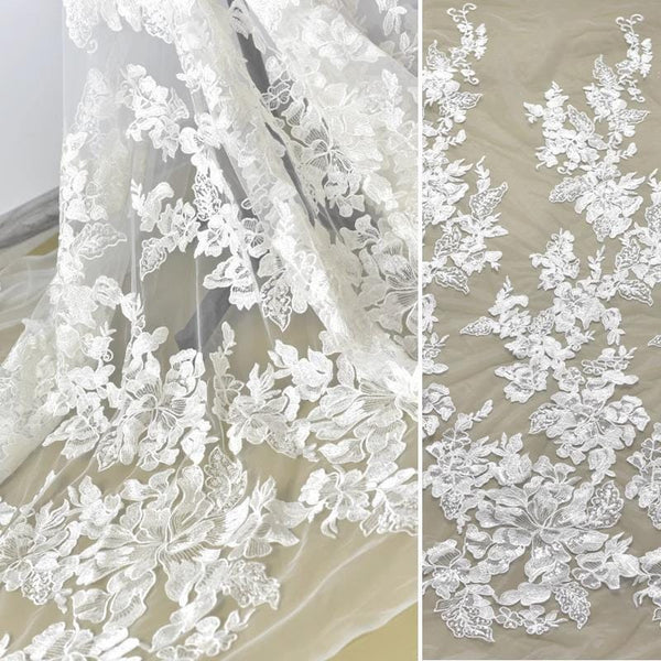 White Floral Lace Bridal Applique: Embroidered Wedding Dress Gown (14.5x47.25 in)
