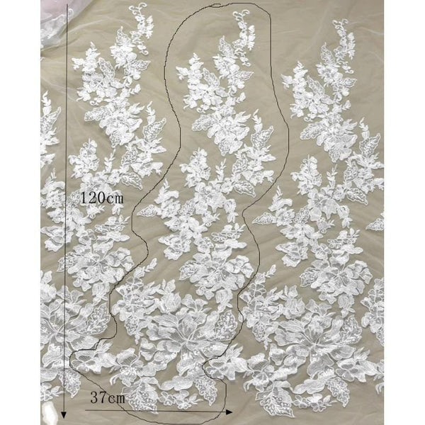 White Floral Lace Bridal Applique: Embroidered Wedding Dress Gown (14.5x47.25 in)