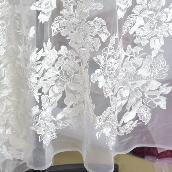 White Floral Lace Bridal Applique: Embroidered Wedding Dress Gown (14.5x47.25 in)