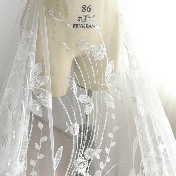 White Floral Embroidered Bridal Lace Applique (13x49.25 in)