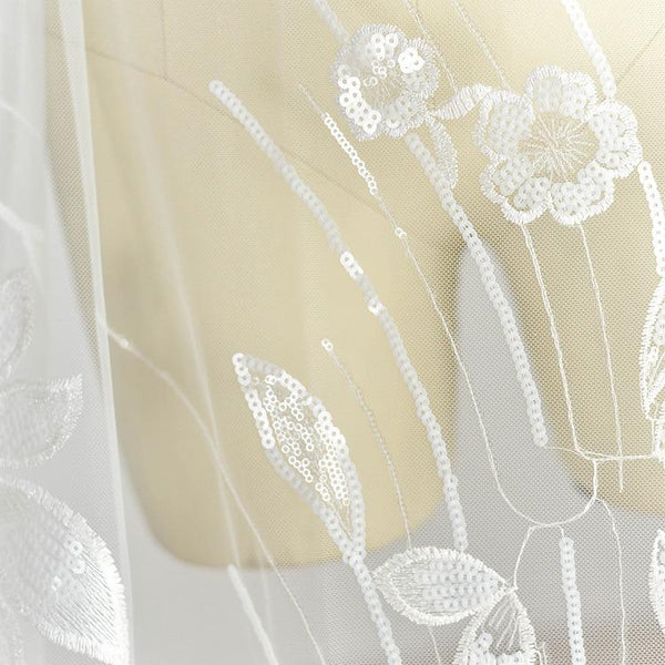 White Floral Embroidered Bridal Lace Applique (13x49.25 in)