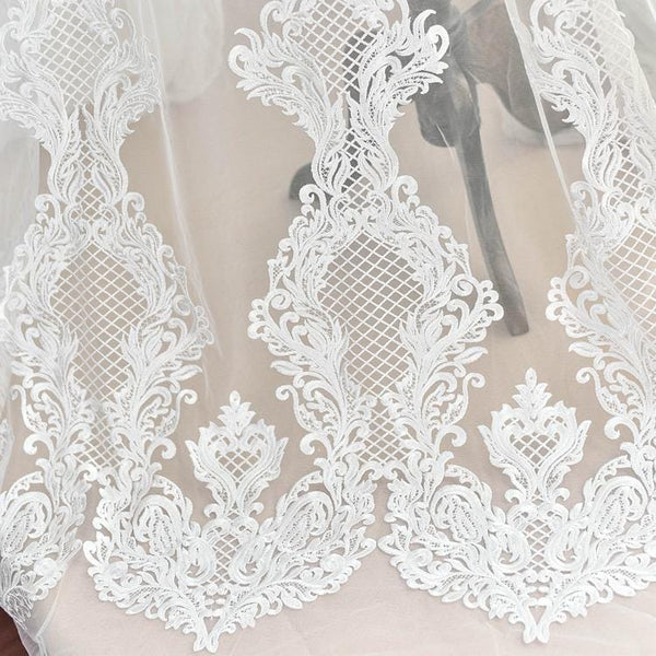 White Corded Lace Applique: Embroidered Bridal Dress Embellishment (13x49.25in)