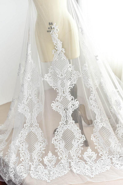 White Corded Lace Applique: Embroidered Bridal Dress Embellishment (13x49.25in)