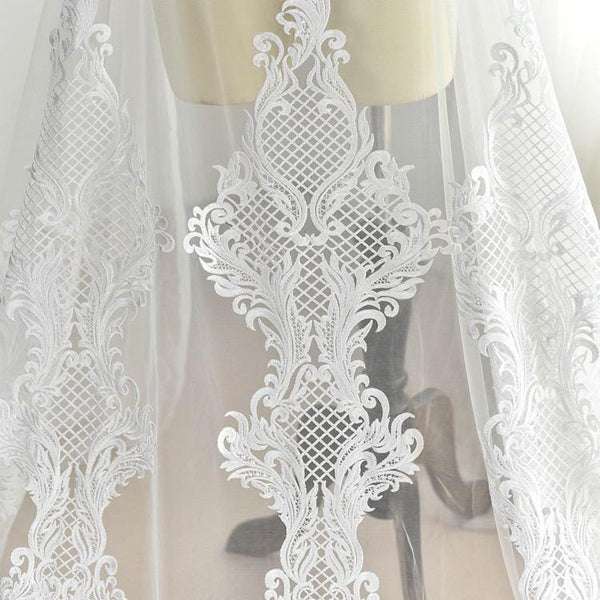 White Corded Lace Applique: Embroidered Bridal Dress Embellishment (13x49.25in)