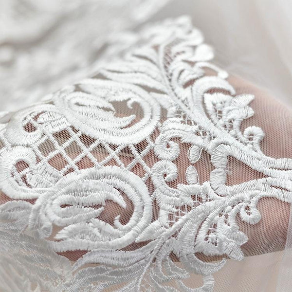 White Corded Lace Applique: Embroidered Bridal Dress Embellishment (13x49.25in)