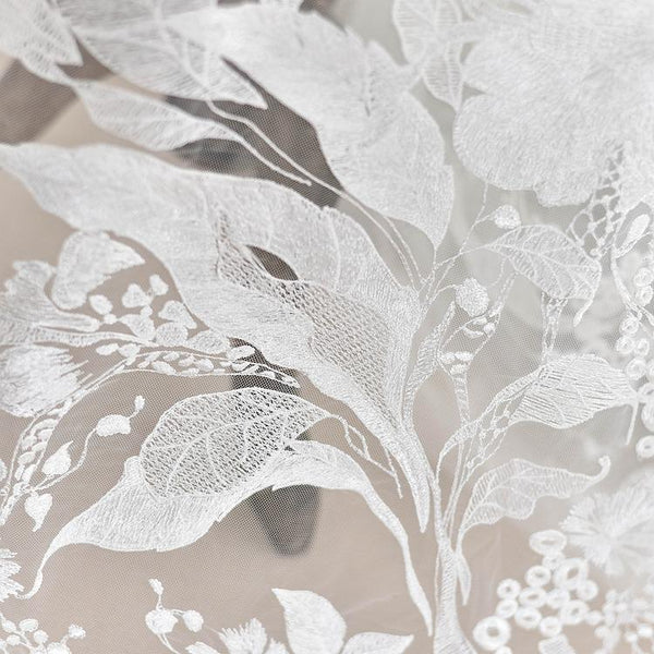 White Floral Embroidered Lace Applique: Bridal Bodice, Wedding Dress (49 1/4 in Wide)