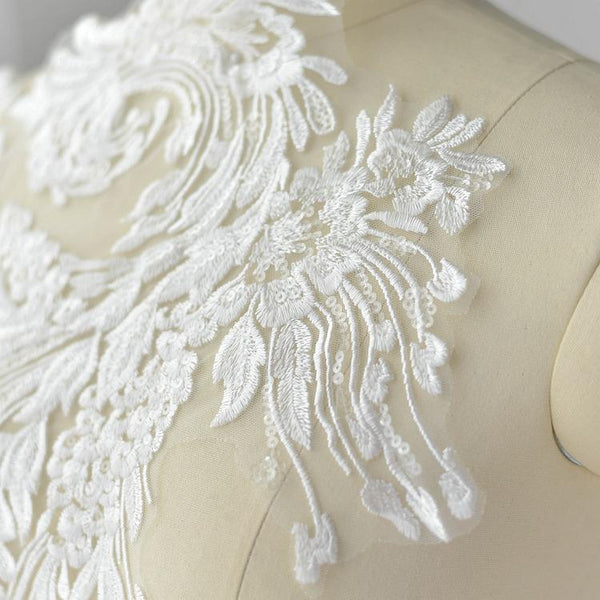 White Embroidered Lace Applique: Bridal Bodice, Wedding Dress (16 1/8 x 26 3/8 in)