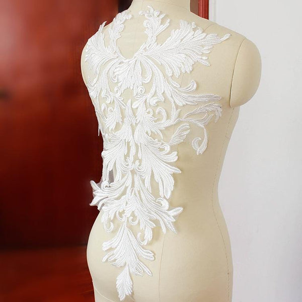 White Embroidered Lace Applique: Bridal Bodice Detail (13 3/4 x 22 1/2 in)