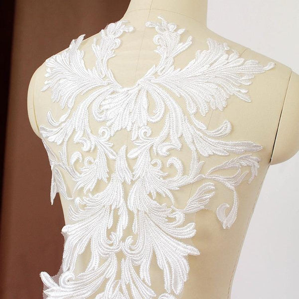 White Embroidered Lace Applique: Bridal Bodice Detail (13 3/4 x 22 1/2 in)
