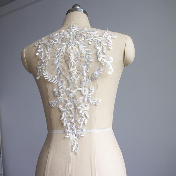 White Embroidered Lace Applique: Bridal Bodice, Wedding Dress (13 3/8 x 19 5/8 in)