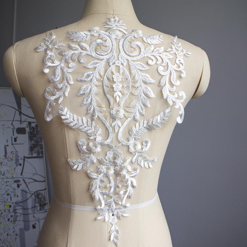 White Embroidered Lace Applique: Bridal Bodice, Wedding Dress (13 3/8 x 19 5/8 in)