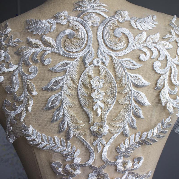 White Embroidered Lace Applique: Bridal Bodice, Wedding Dress (13 3/8 x 19 5/8 in)