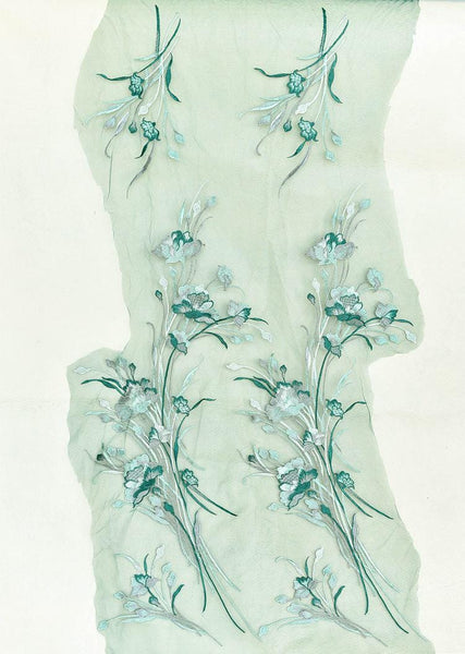 White Embroidered Floral Lace Applique: Bridal Gown Dress (13x51 1/8 in)