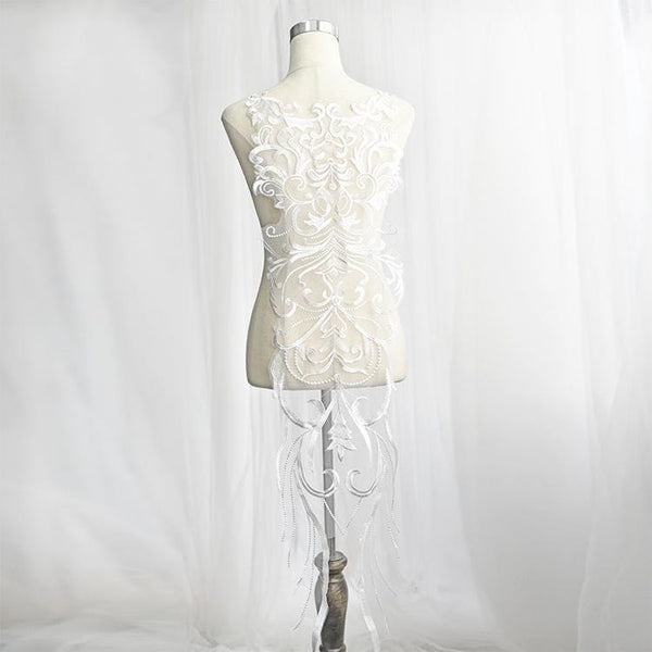 White Embroidered Lace Applique: Bridal Bodice, Wedding Dress (11x51 1/8 in)