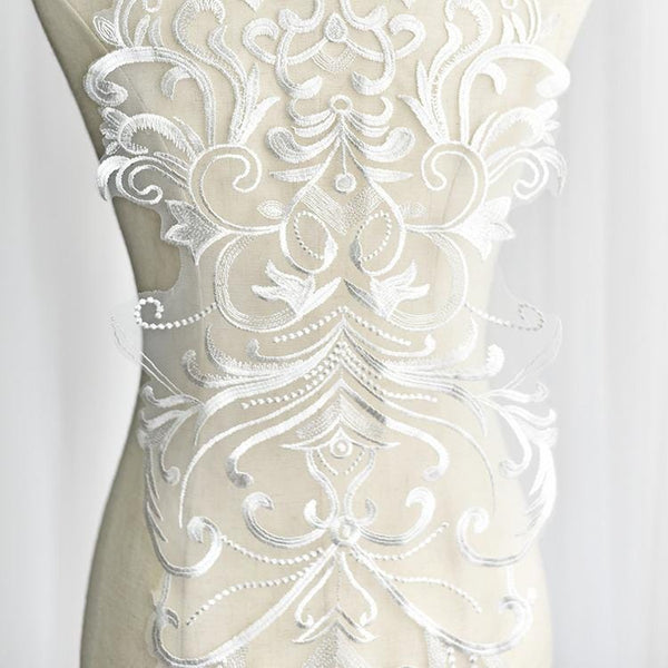 White Embroidered Lace Applique: Bridal Bodice, Wedding Dress (11x51 1/8 in)
