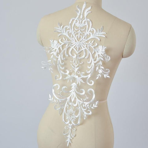 White Embroidered Bridal Lace Applique: Wedding Dress Bodice (10 5/8 x 22 in)