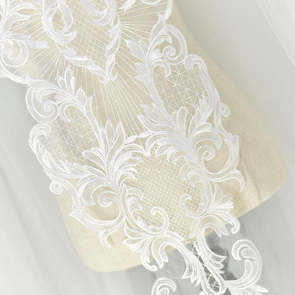 White Corded Bridal Lace Applique: Embroidered Wedding Dress Gown (10.25x45.25 in)