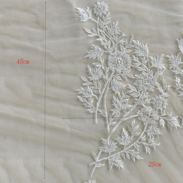 White Corded Lace Applique Pair: Embroidered Bridal Dress Embellishment