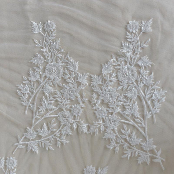 White Corded Lace Applique Pair: Embroidered Bridal Dress Embellishment