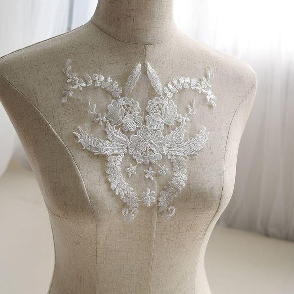 White Floral Embroidered Lace Applique: Bridal Bodice (7 7/8 x 7 1/2 in)