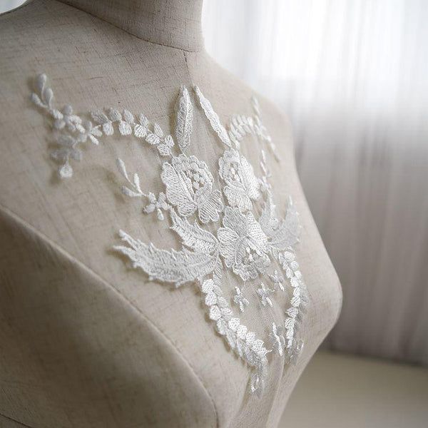 White Floral Embroidered Lace Applique: Bridal Bodice (7 7/8 x 7 1/2 in)