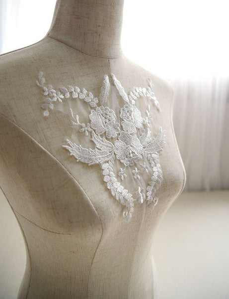 White Floral Embroidered Lace Applique: Bridal Bodice (7 7/8 x 7 1/2 in)