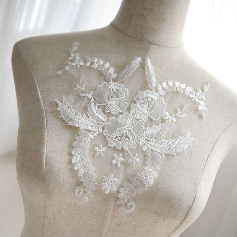 White Floral Embroidered Lace Applique: Bridal Bodice (7 7/8 x 7 1/2 in)