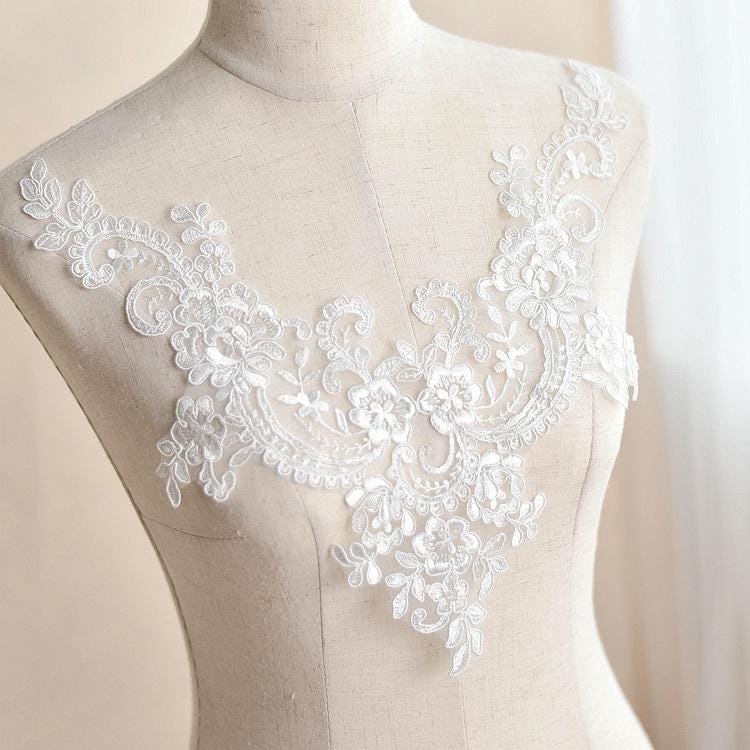 Floral Embroidered Bridal Lace Applique: Wedding Dress Trim (6 5/8 x 13 in)