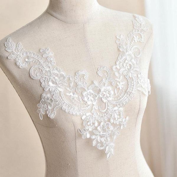 Floral Embroidered Bridal Lace Applique: Wedding Dress Trim (6 5/8 x 13 in)