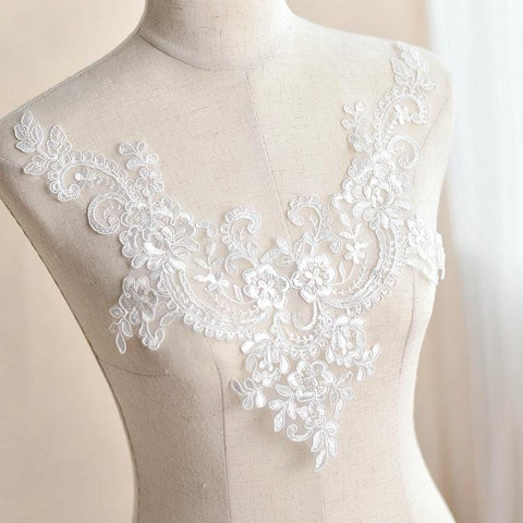 Floral Embroidered Bridal Lace Applique: Wedding Dress Trim (6 5/8 x 13 in)