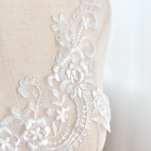 Floral Embroidered Bridal Lace Applique: Wedding Dress Trim (6 5/8 x 13 in)