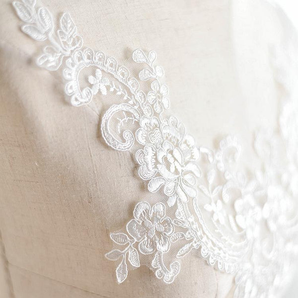 Floral Embroidered Bridal Lace Applique: Wedding Dress Trim (6 5/8 x 13 in)