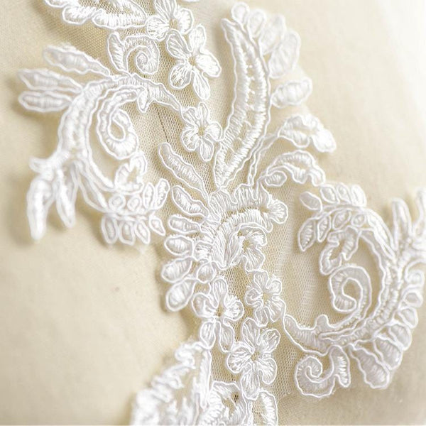 White Corded Lace Applique: Embroidered Bridal Dress Embellishment