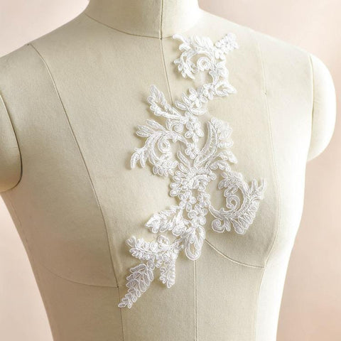 White Corded Lace Applique: Embroidered Bridal Dress Embellishment