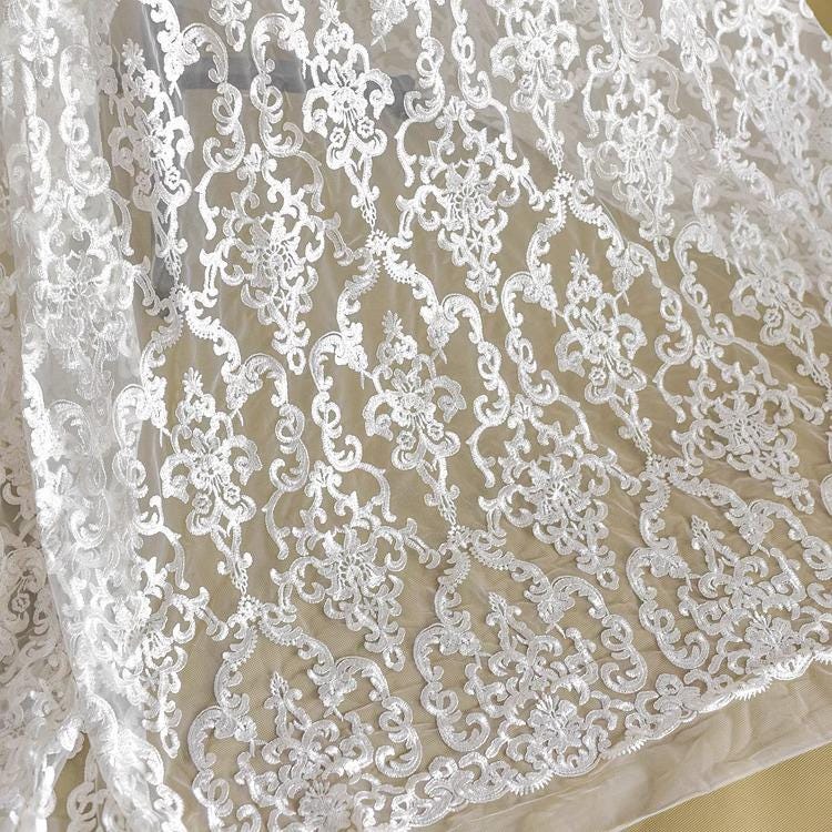 White Embroidered Bridal Lace Fabric - Corded Wedding Gown Lace