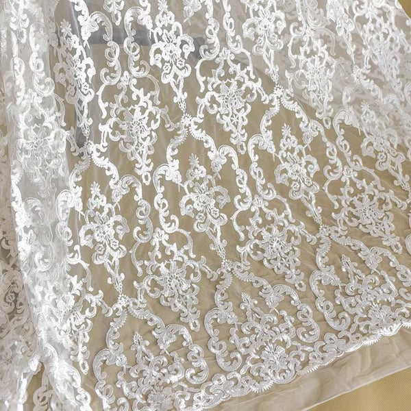 White Embroidered Bridal Lace Fabric - Corded Wedding Gown Lace