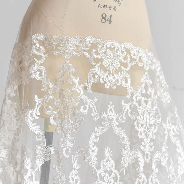 White Embroidered Bridal Lace Fabric - Corded Wedding Gown Lace