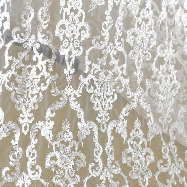 White Embroidered Bridal Lace Fabric - Corded Wedding Gown Lace