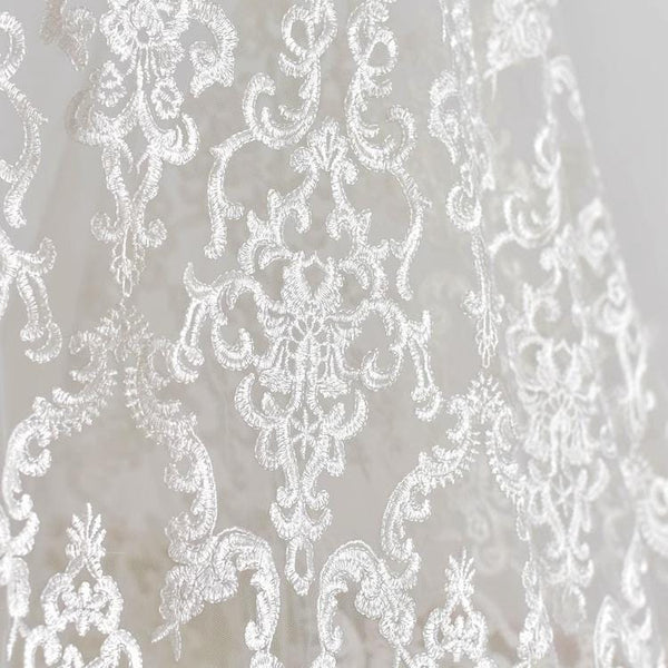 White Embroidered Bridal Lace Fabric - Corded Wedding Gown Lace