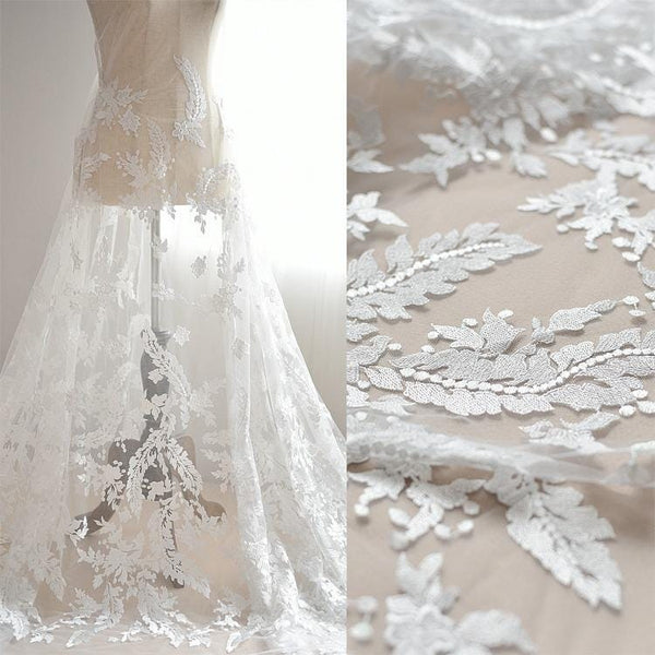 White Embroidered Bridal Lace Fabric: Corded Wedding Gown Lace