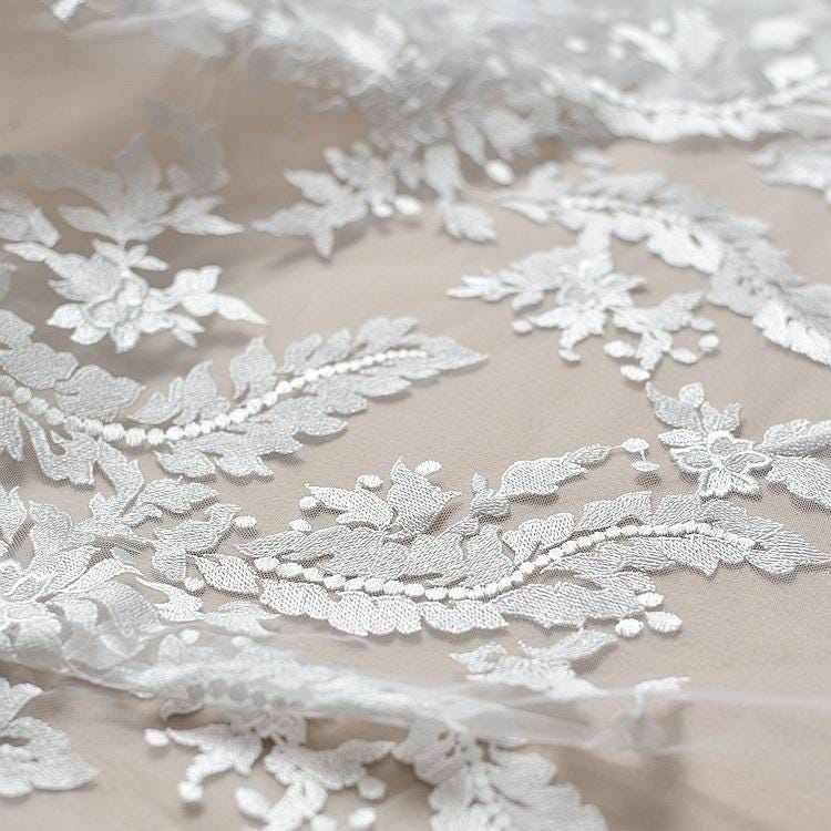 White Embroidered Bridal Lace Fabric: Corded Wedding Gown Lace